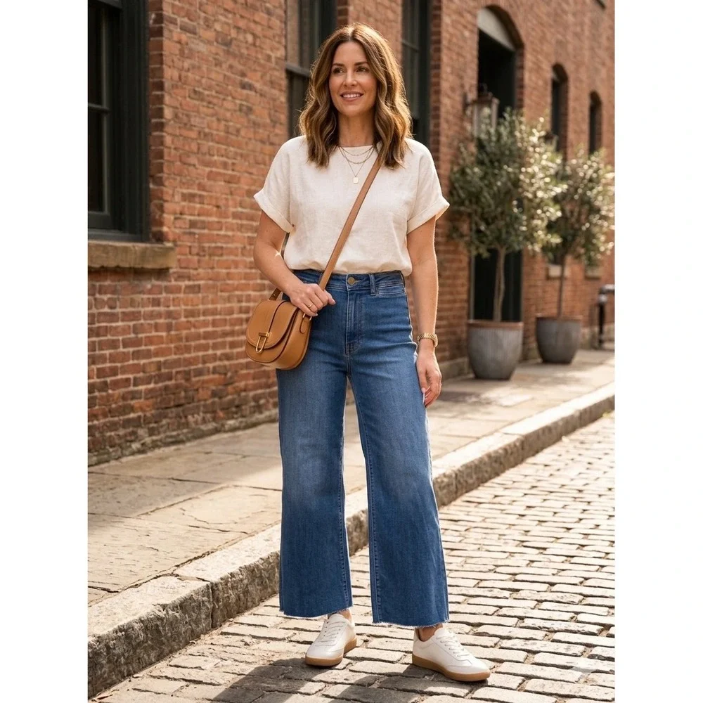Maeve Anthropologie High Rise Wide Leg Raw Hem Jeans Medium Wash Blue Size 26 - Picture 1 of 7